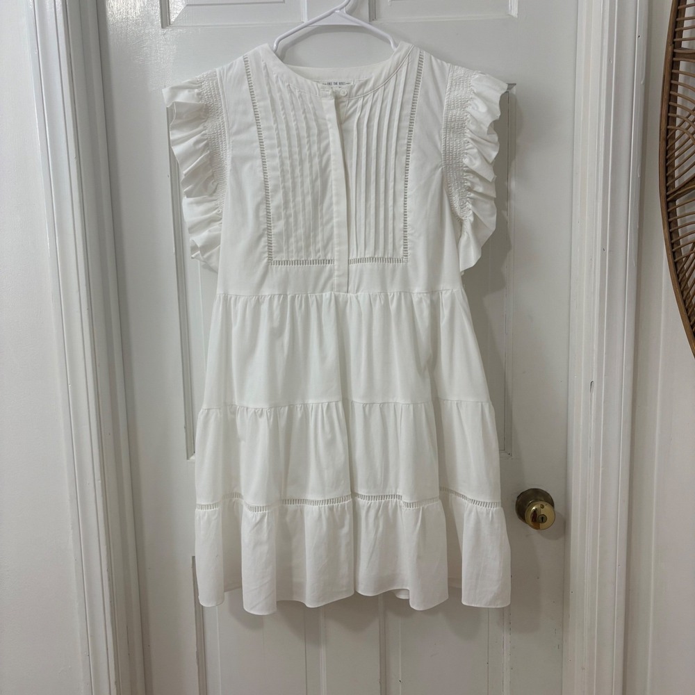 Free The Roses White Cotton Tiered Mini Dress S Ruffle Pintuck Boho Coastal Rush